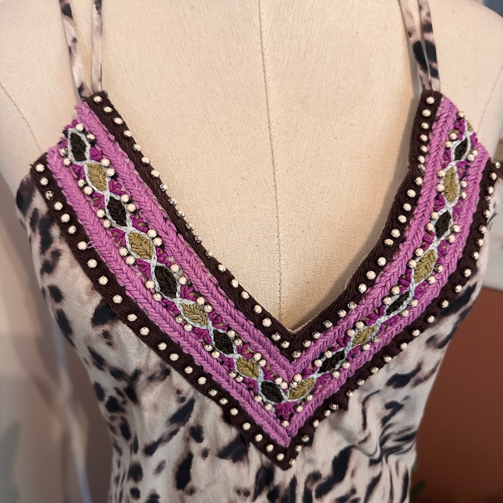 Haute Hippie leopard print embroidered vneck 100% silk crisscross S midi dress - Picture 6 of 16